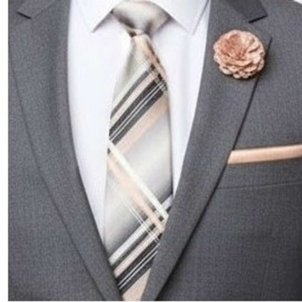 JF J Ferrar Tie 3PC Set‎ Plaid Pattern Grey Pink Modern Necktie Pocket Square OS